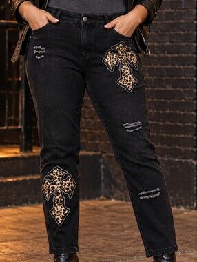 NWT Black Skinny Jeans 4XL Leopard Cross Rhinestone Distressed Grunge Punk